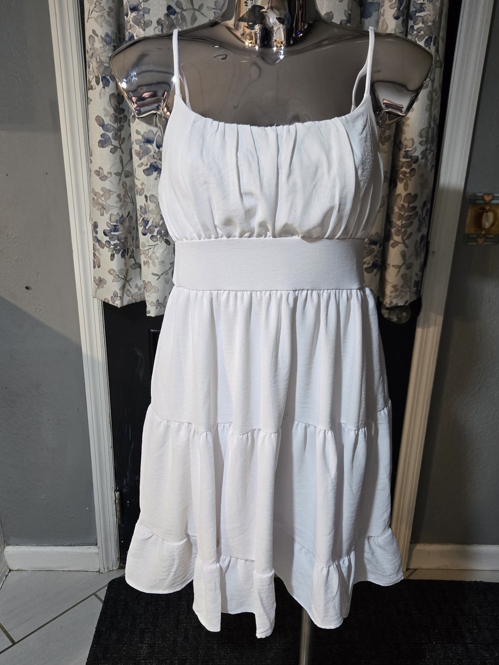 White Tiered Spaghetti-Strap Mini Dress with Smocked Waist